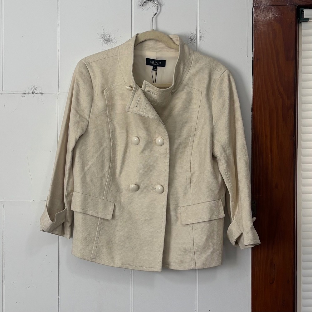 Talbots Jackie Fit Cream Double Breasted Blazer Jacket Womens 14 NWT Basketweave
